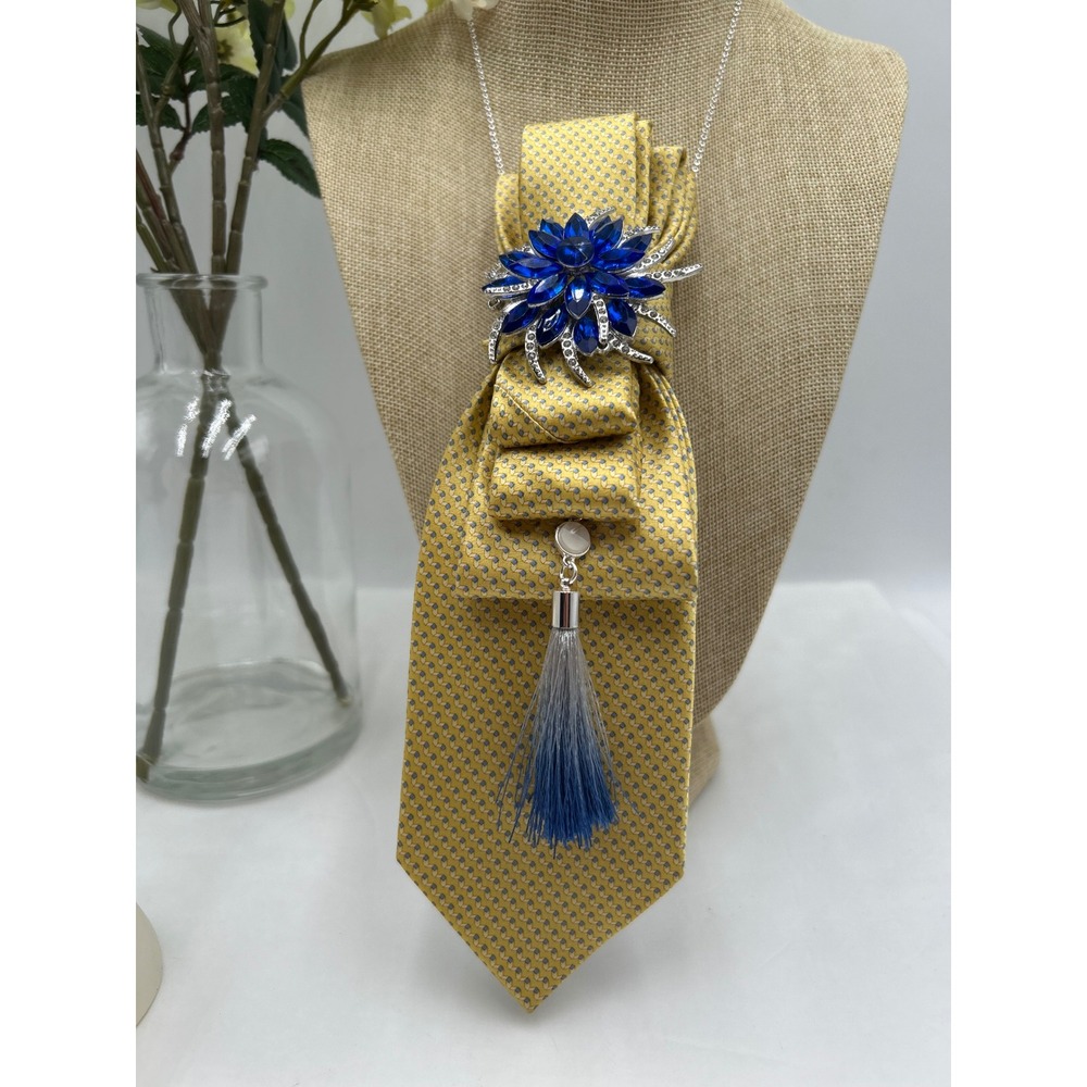 Michael Kors Upcycled Silk Tie Statement Necklace & Beaded Hoop Earring Set Blue - Picture 8 of 12